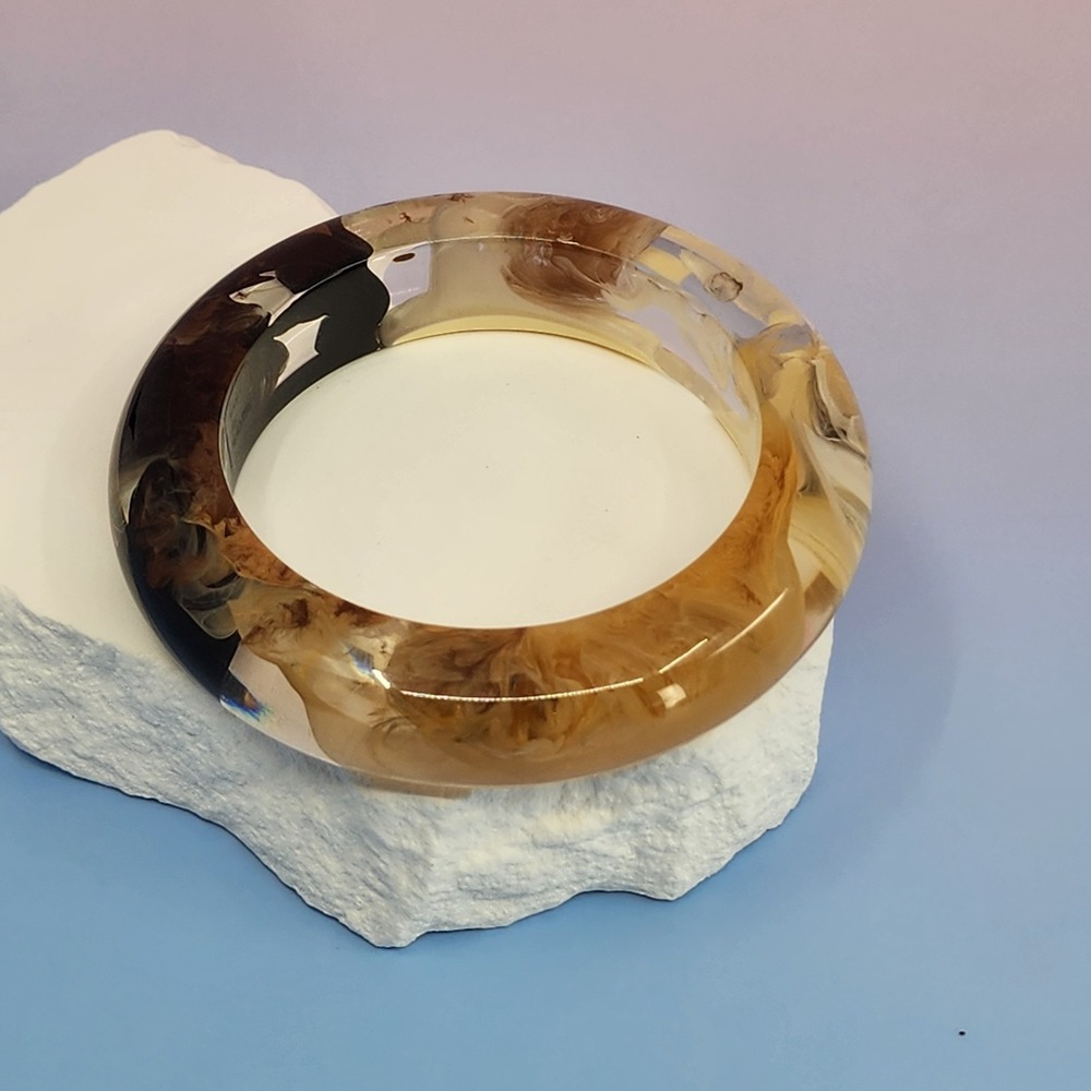 Chunky Resin Bangle Bracelet Amber Tone Black Cream Botanical Inlay Statement